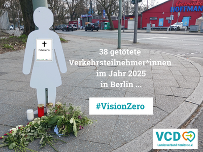 Weiße Gedenkfigur einer Fußgängerin mit Blumen und Kerzen am Berliner Straßenrand. Text im Bild: „38 getötete Verkehrsteilnehmer*innen 2025 in Berlin – #VisionZero“.